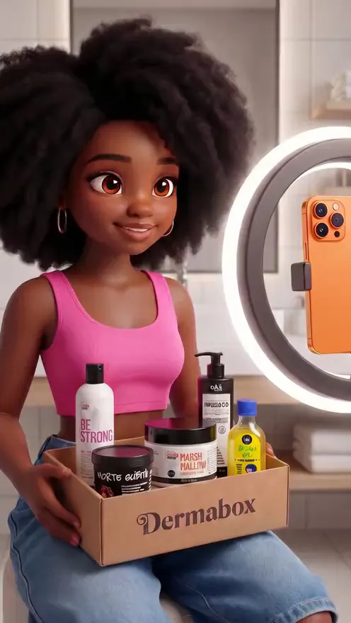 Personagem 3D com produtos Dermabox em vídeo para redes sociais