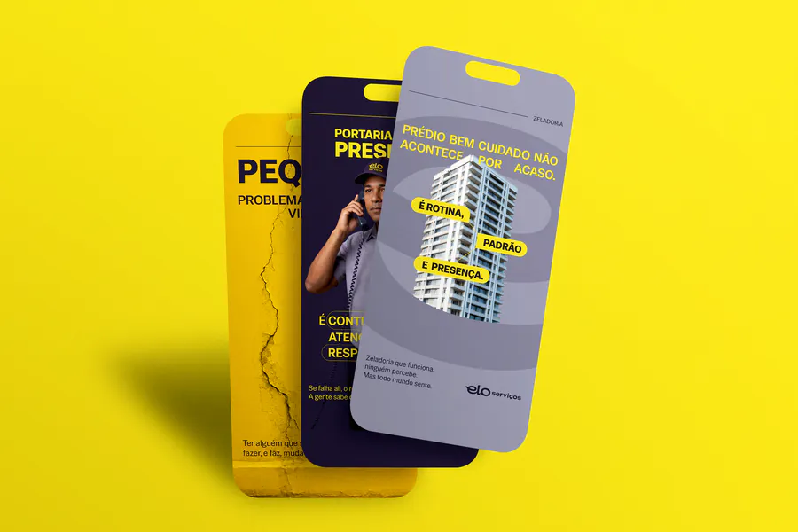 Mockup de celulares com posts da Elo Serviços sobre fundo amarelo