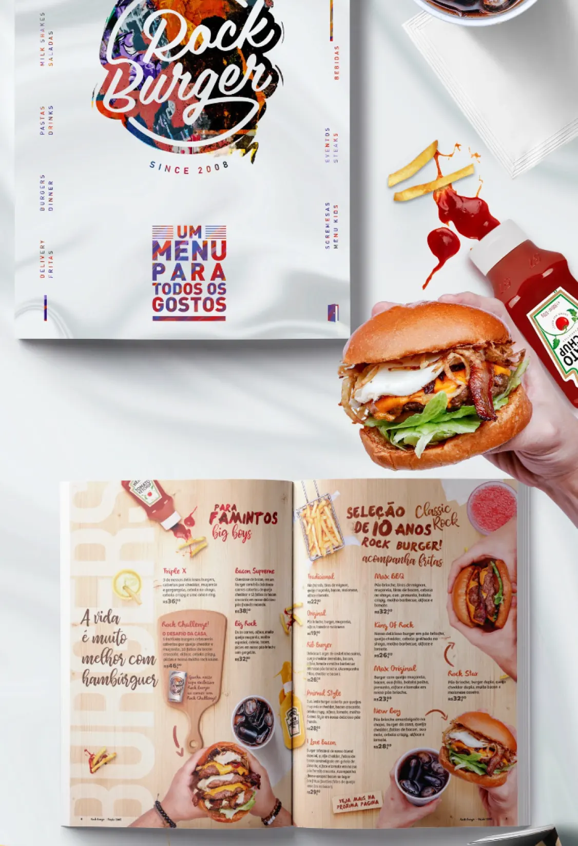 Cardápio do Rock Burger aberto, com a capa e as páginas de lanches